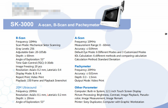 SK-3000ABP Ophthalmic Eye Ultrasound A B Scan Biometer Pachymeter  12.1 inch Touch Screen Display Sony Duplicator